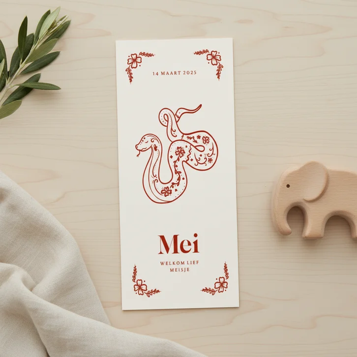 Mooi geboortekaartje slang en bloemen Chinees horoscoop