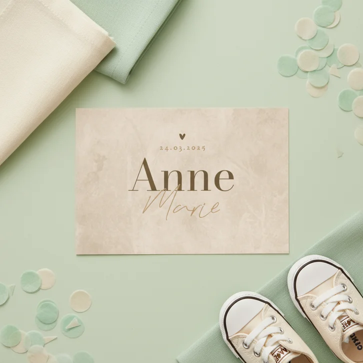 Natuurlijk geboortekaartje jongen meisje zandkleur hartje