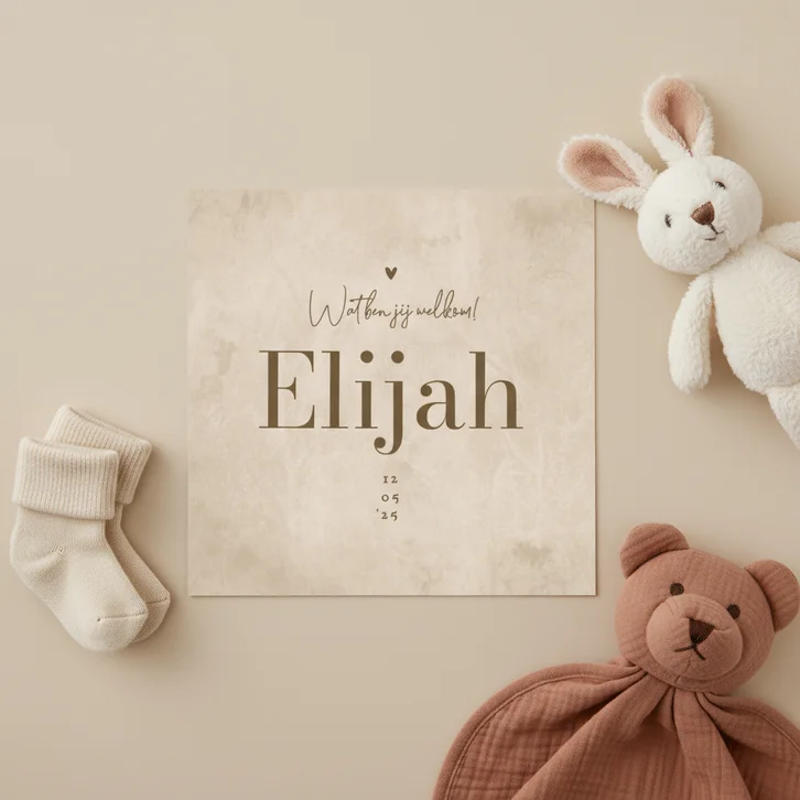 Natuurlijk geboortekaartje unisex zandkleur hartje