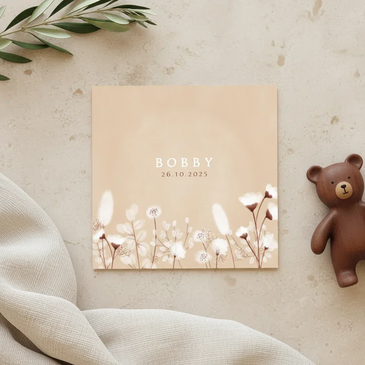 Neutraal geboortekaartje droogbloemen en beige achtergrond