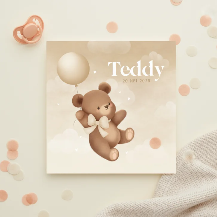 Neutraal geboortekaartje lief beertje aan ballon met strik