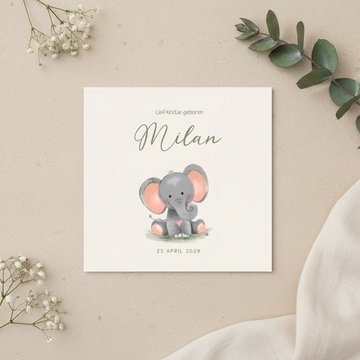 Neutraal geboortekaartje met een schattig olifantje