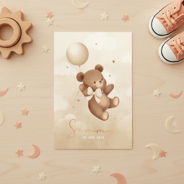 Neutraal geboortekaartje teddybeertje aan ballon met strik