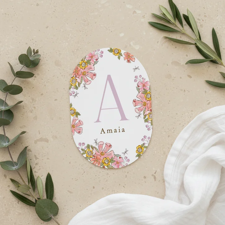 Origineel geboortekaartje initiaal floral kleurrijk libelle 