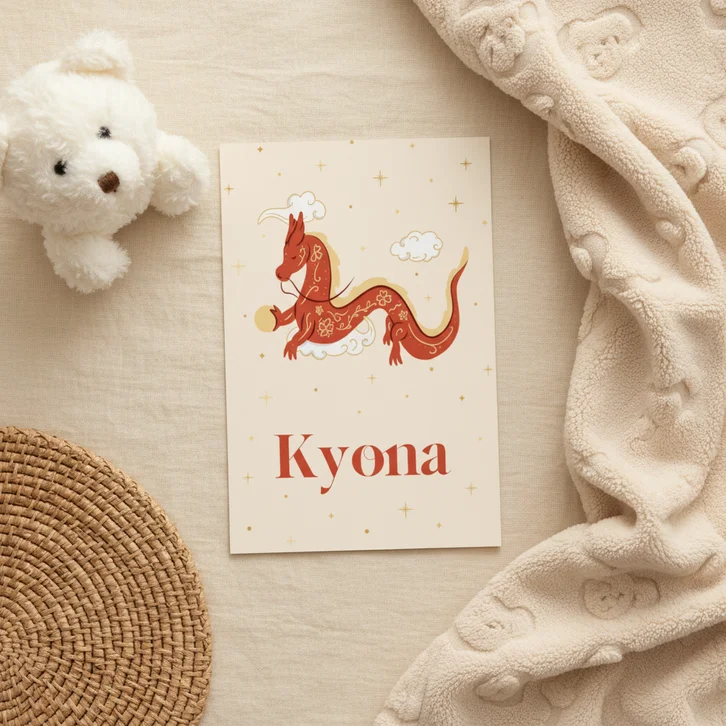 Origineel geboortekaartje met draak en gouden sterretjes