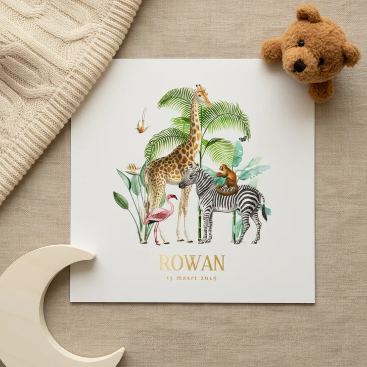 Origineel geboortekaartje met jungle dieren goudfolie