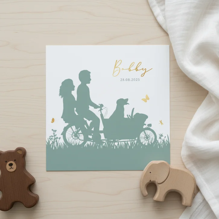 Origineel geboortekaartje silhouet bakfiets met hond en baby