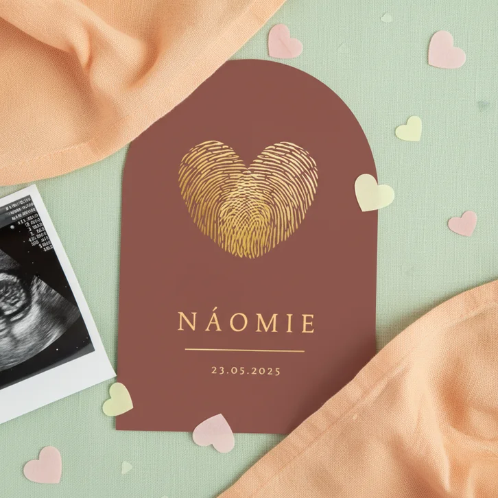 Origineel geboortekaartje vingerafdrukken hartje in boogvorm
