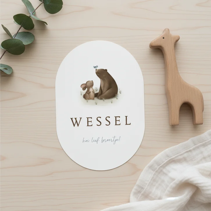 Ovaal geboortekaartje broertje beertje konijn vogeltje