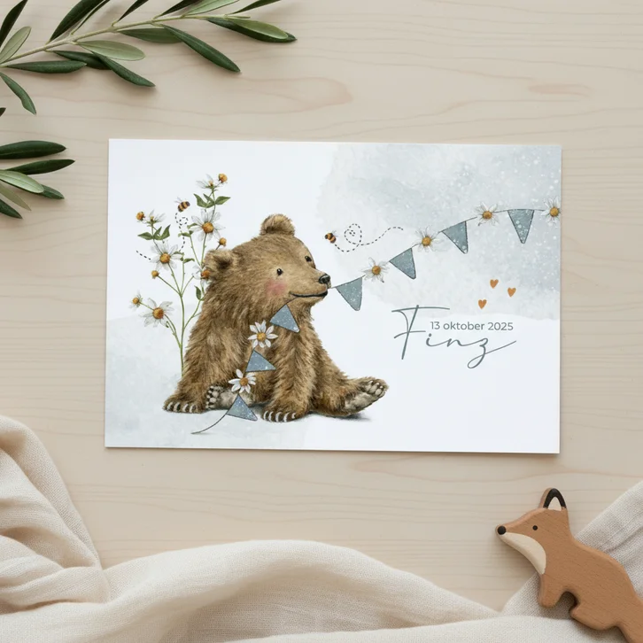 Rechthoekig geboortekaartje zoon met beertje en bloemen