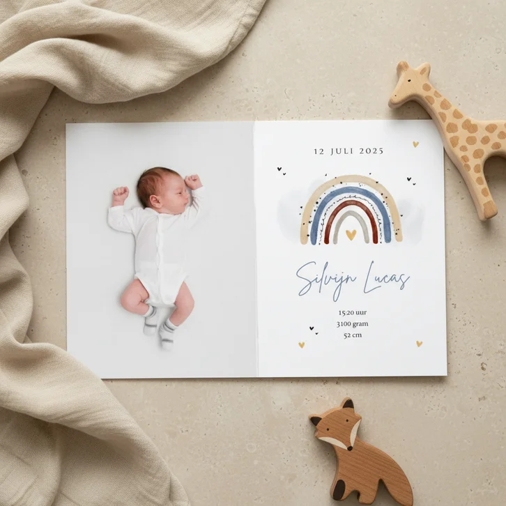 Regenboog geboortekaartje waterverf lief hartjes foto jongen