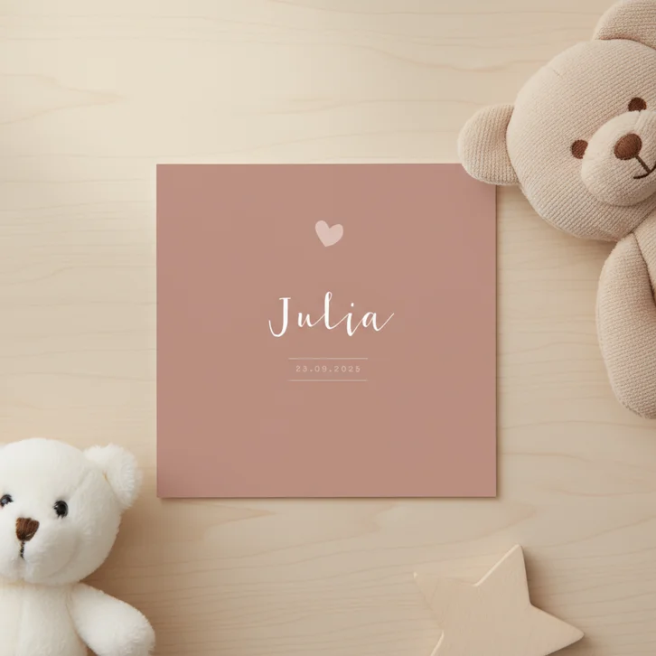 Roestbruin geboortekaartje met een oudroze hartje