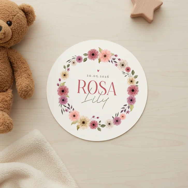 Rond geboortekaartje bloemen lente krans vintage lief