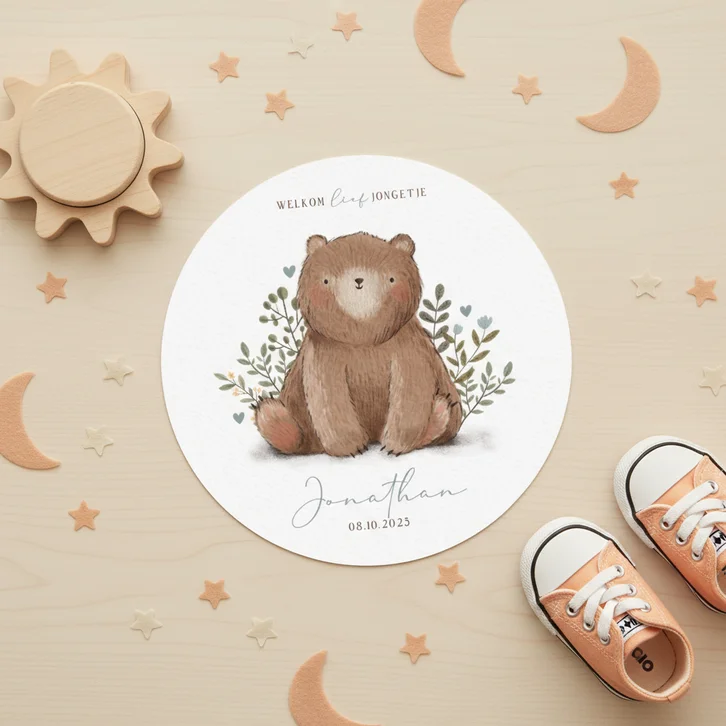 Rond geboortekaartje jongetje met beer plantjes en hartjes