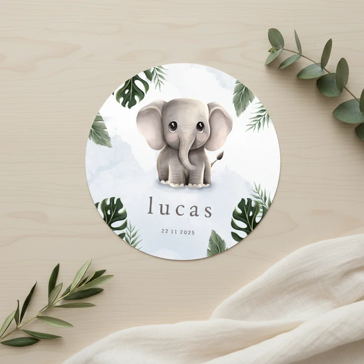 Rond geboortekaartje lief olifantje blauw jungle thema