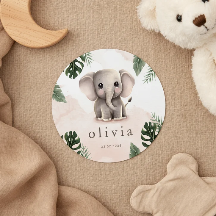 Rond geboortekaartje lief olifantje roze jungle thema