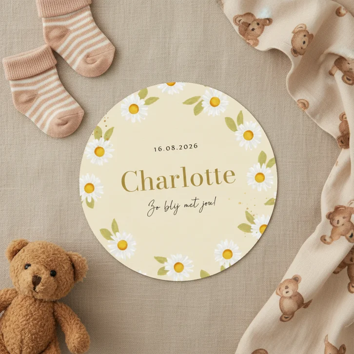 Rond geboortekaartje madeliefjes waterverf goud spetters