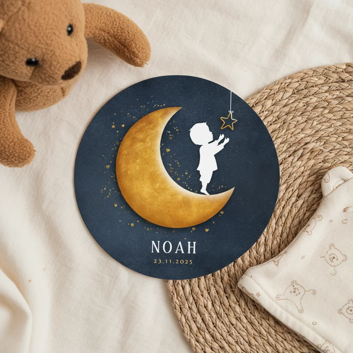 Rond geboortekaartje met silhouet van jongen op een maan
