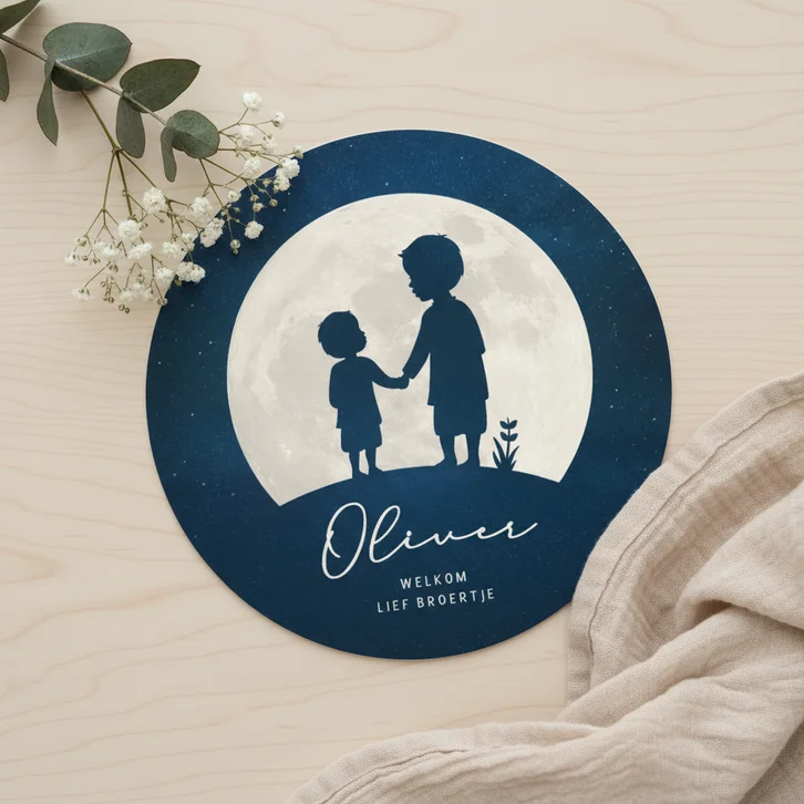 Rond geboortekaartje silhouet 2 broertjes in volle maan
