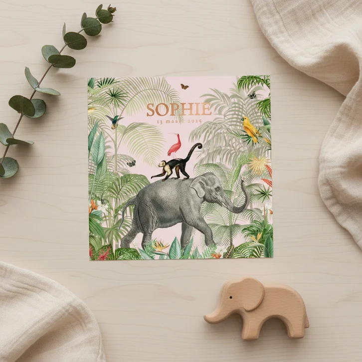 Roze jungle geboortekaartjes met olifant koperfolie