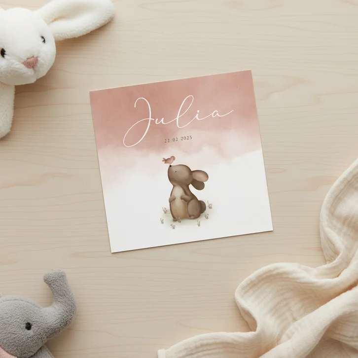Roze waterverf geboortekaartje met een konijn en vogeltje