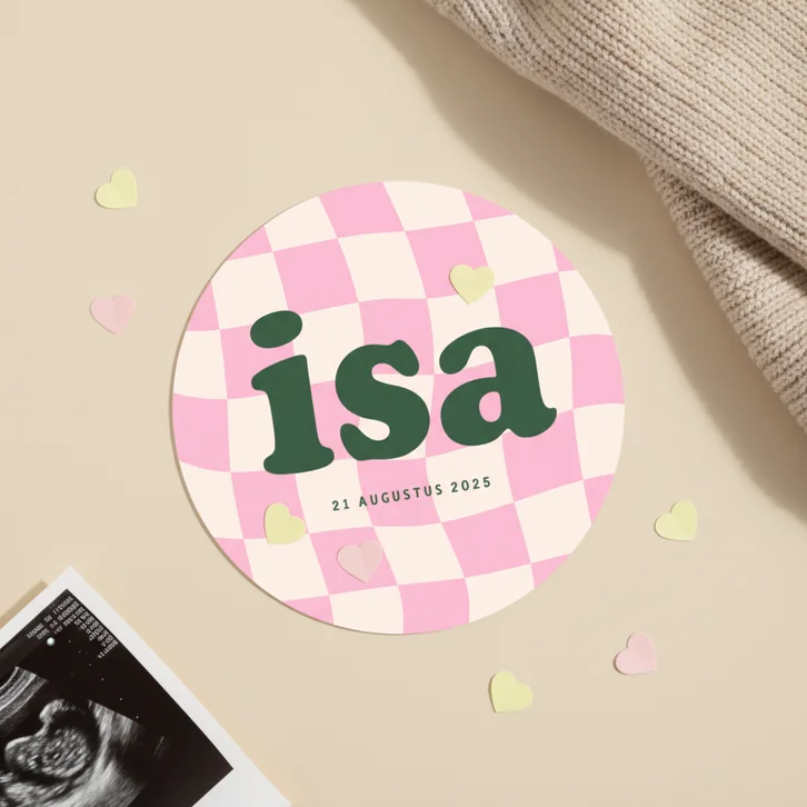 Schattig geboortekaartje cirkel met groovy blokjes roze 