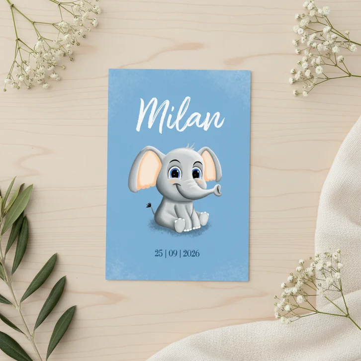 Schattig geboortekaartje met klein olifantje op de voorkant
