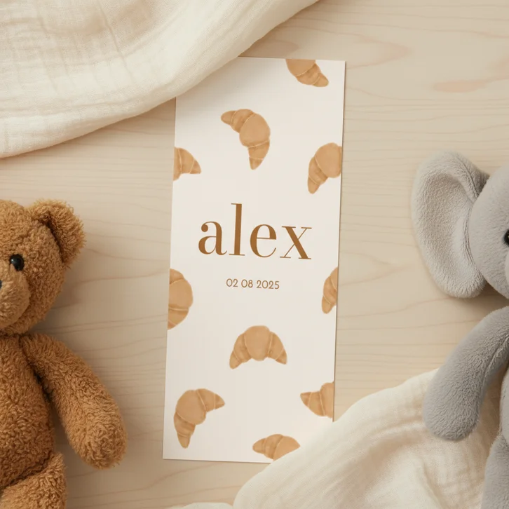 Schattig geboortekaartje met patroon van croissantjes 