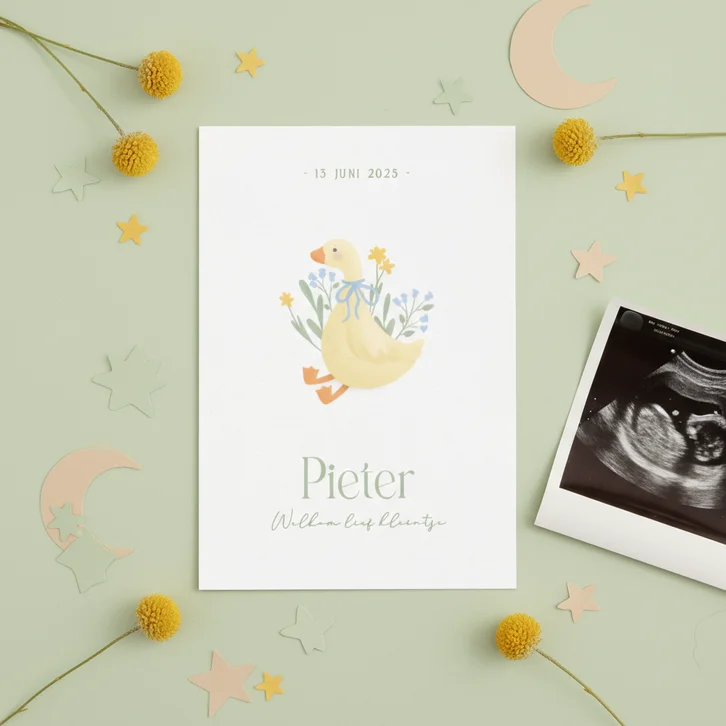 Schattig wit geboortekaartje jongentje met gansje en bloemen