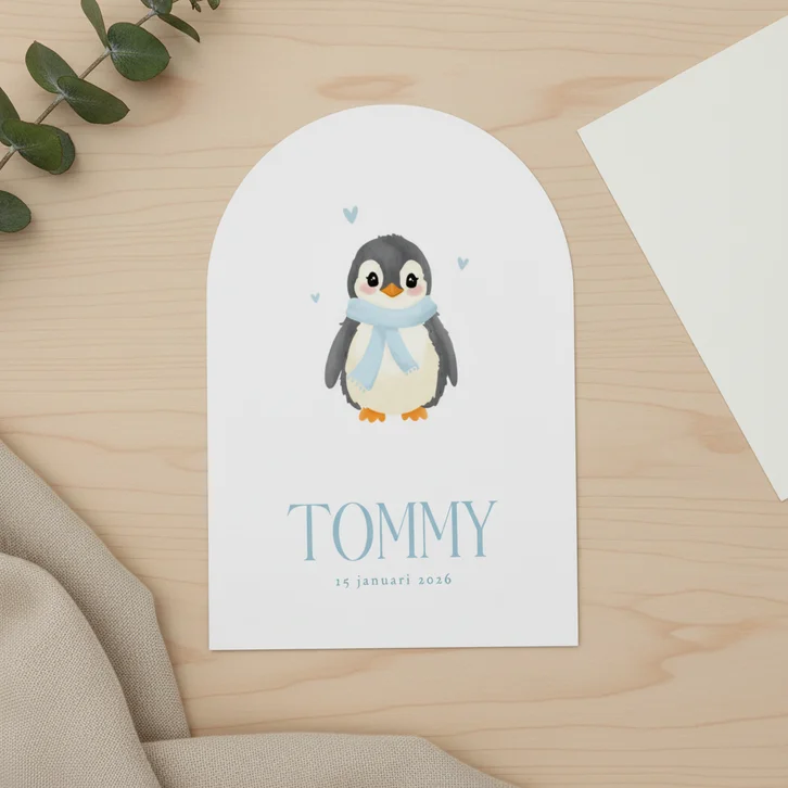 Schattig wit geboortekaartje met pinguin boogvorm