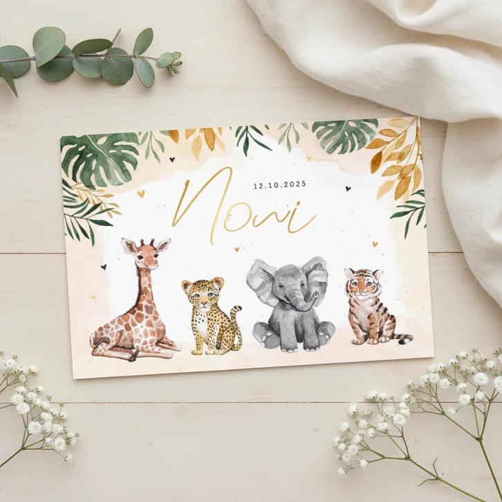 Sfeervol geboortekaartje dieren jungle giraf olifant tijger