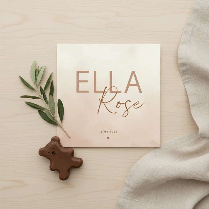 Stijlvol beige geboortekaartje met waterverf structuur