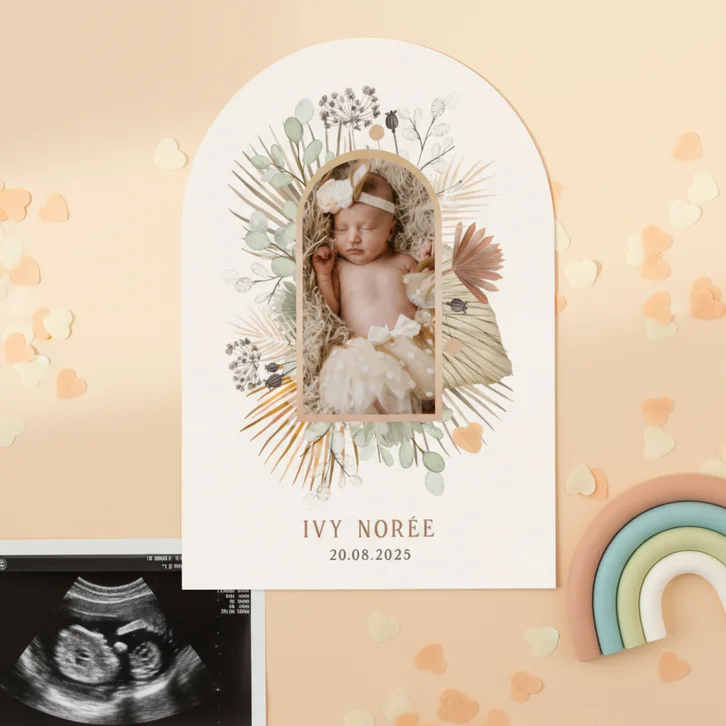 Stijlvol botanisch geboortekaartje natuurtinten met foto