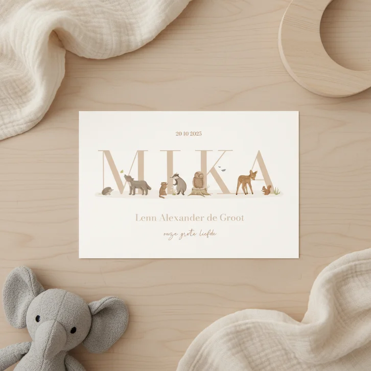 Stijlvol dierenletter naam geboortekaartje aanpasbaar