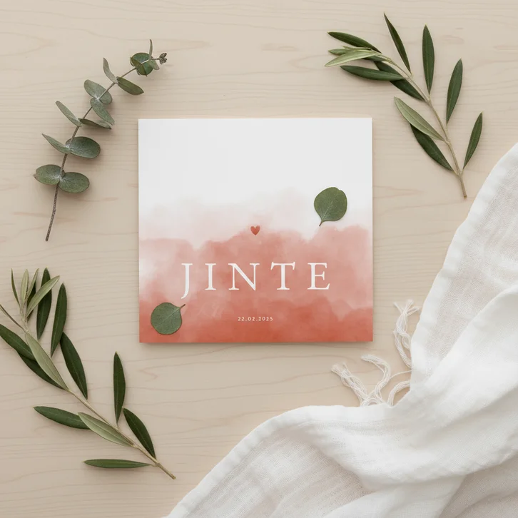 Stijlvol fries geboortekaartje terra waterverf met hartje