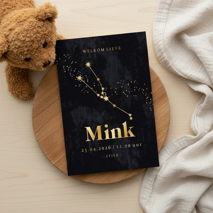 Stijlvol geboortekaartje astrologie stier sterren