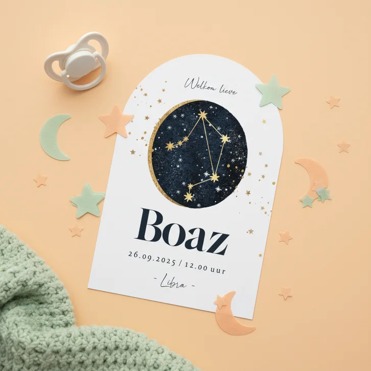 Stijlvol geboortekaartje astrologie weegschaal sterren maan