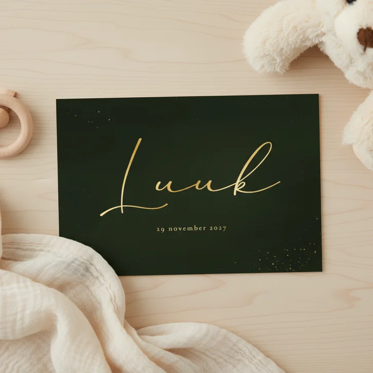 Stijlvol geboortekaartje donkergroen met gouden spettertjes