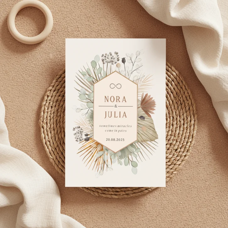 Stijlvol geboortekaartje droogbloemen voor een tweeling 