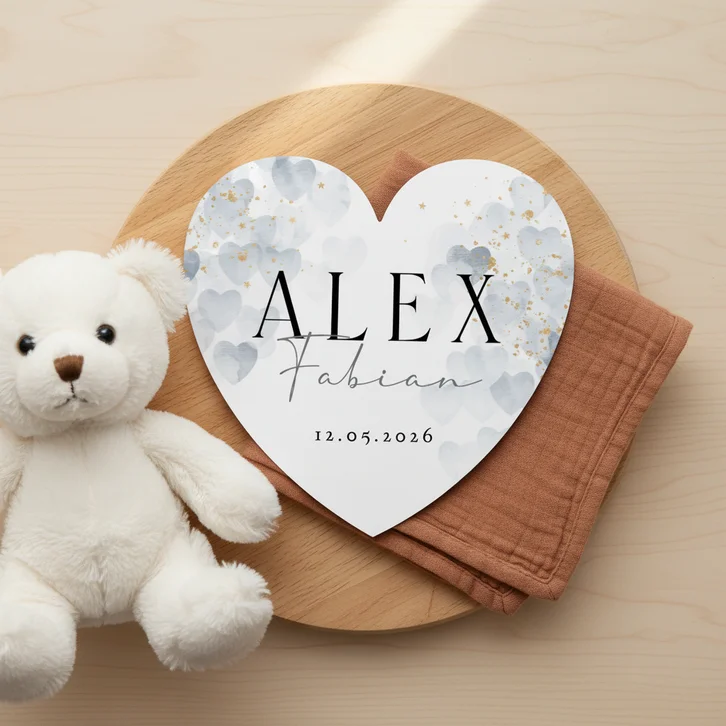 Stijlvol geboortekaartje hartjes watercolor blauw klassiek