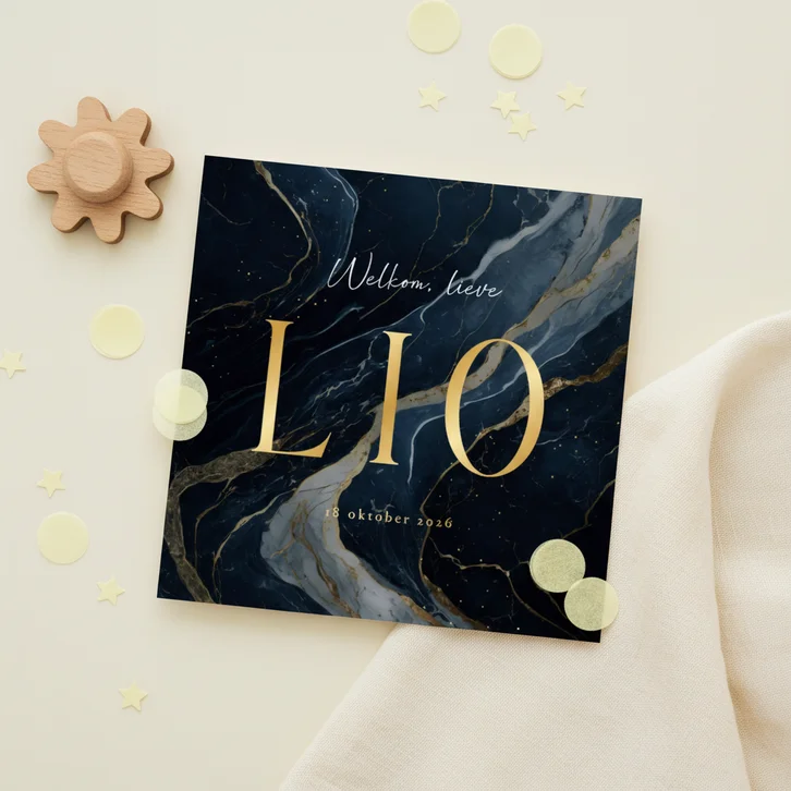 Stijlvol geboortekaartje marmerlook donkerblauw met goud