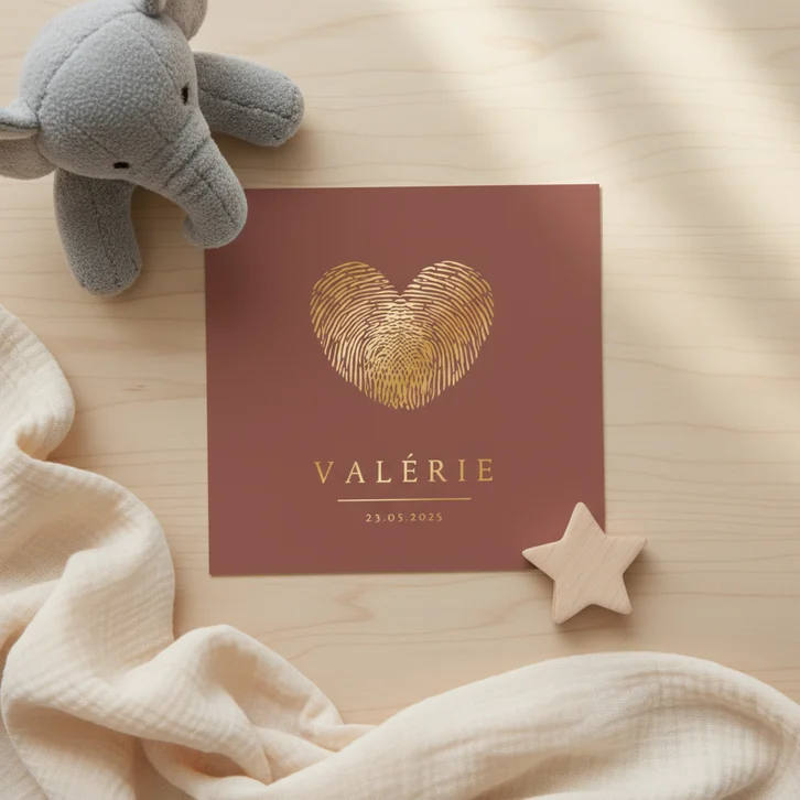 Stijlvol geboortekaartje meisje met hart uit vingerafdrukken