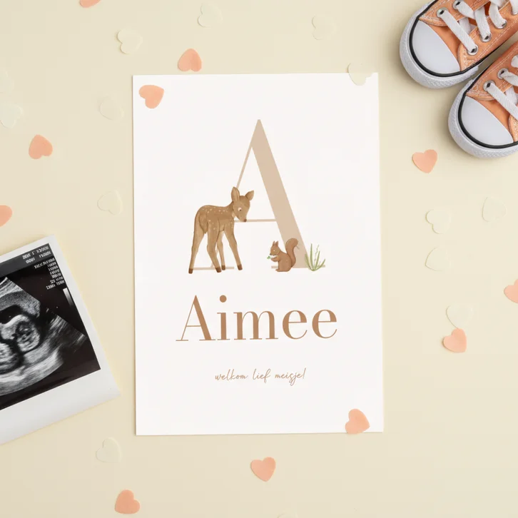 Stijlvol geboortekaartje met dierenletter aanpasbaar