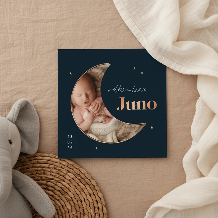 Stijlvol geboortekaartje met foto en koperen sterretjes