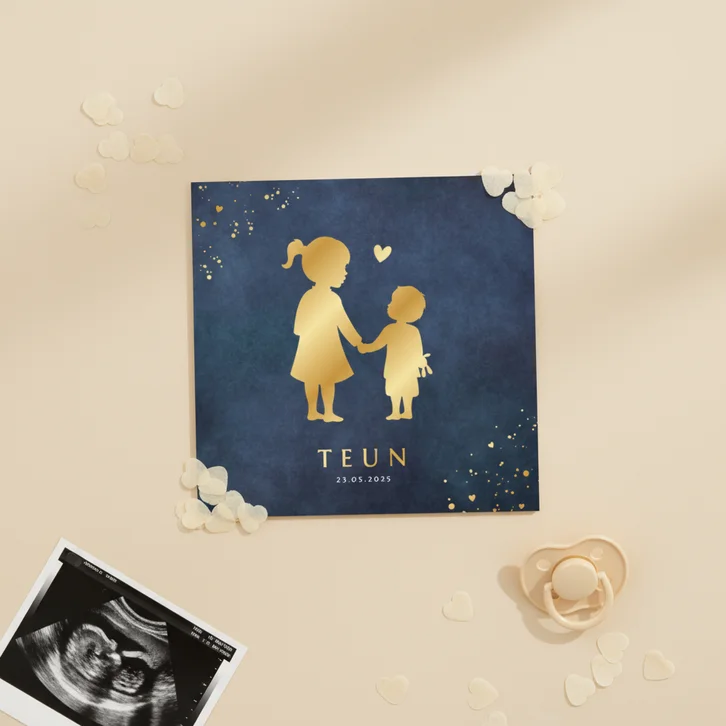 Stijlvol geboortekaartje met silhouet van zus en broertje