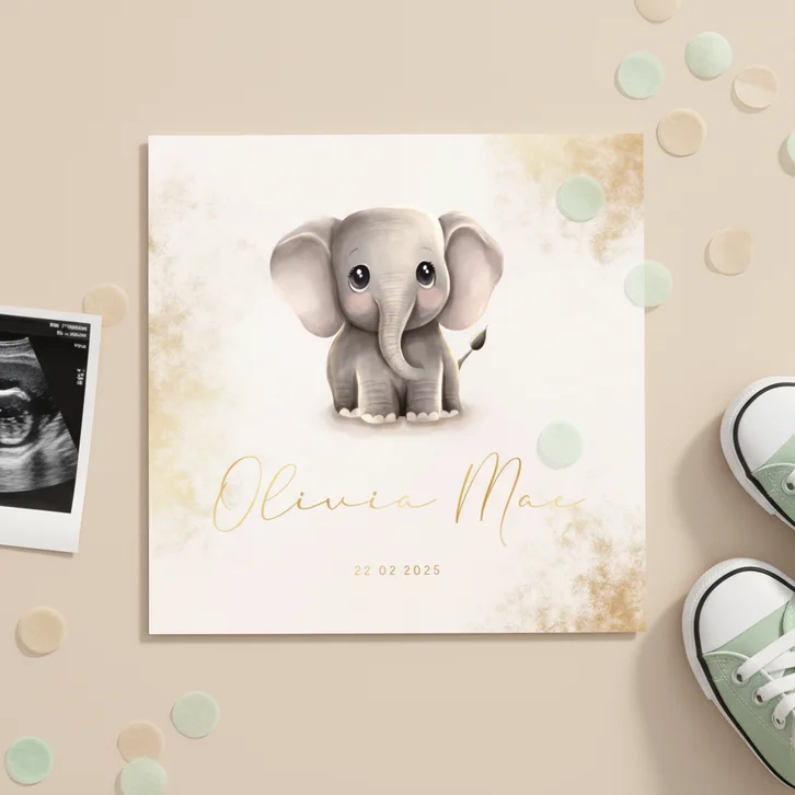 Stijlvol geboortekaartje olifantje met gouden accenten