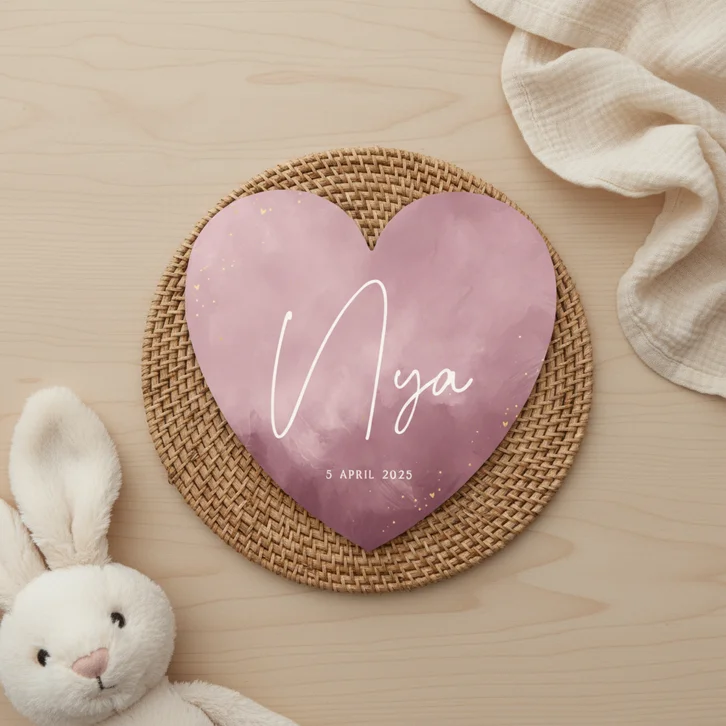 Stijlvol geboortekaartje paars waterverf goud in hartvorm