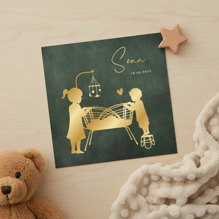 Stijlvol geboortekaartje silhouet broertje in wieg - 3e kind