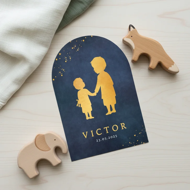 Stijlvol geboortekaartje silhouet broertjes in boogvorm