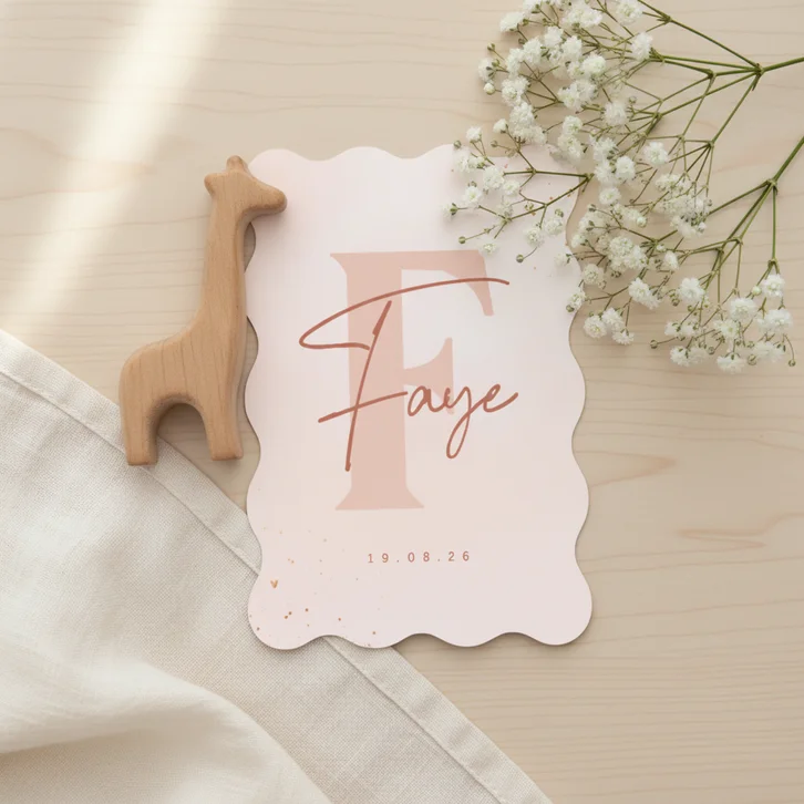 Stijlvol geboortekaartje wave voorletter baby roze wolkjes